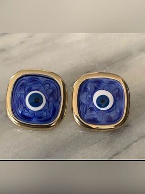 Gold and Blue Evil Eye Large Square Stud Earrings